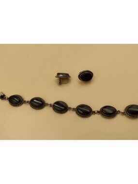 Vintage Taxco Mexico Sterling Silver Bracelet & Screw Back Earrings Black Onyx